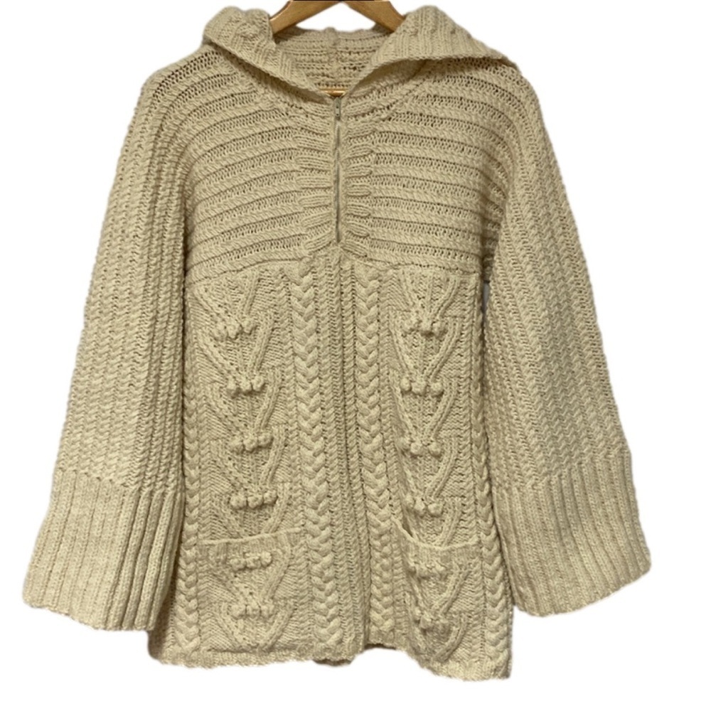 Hand Knit Wool Cable Hoodie Sweater Cream Chunky Flared Cuff Cottage Core Medium
